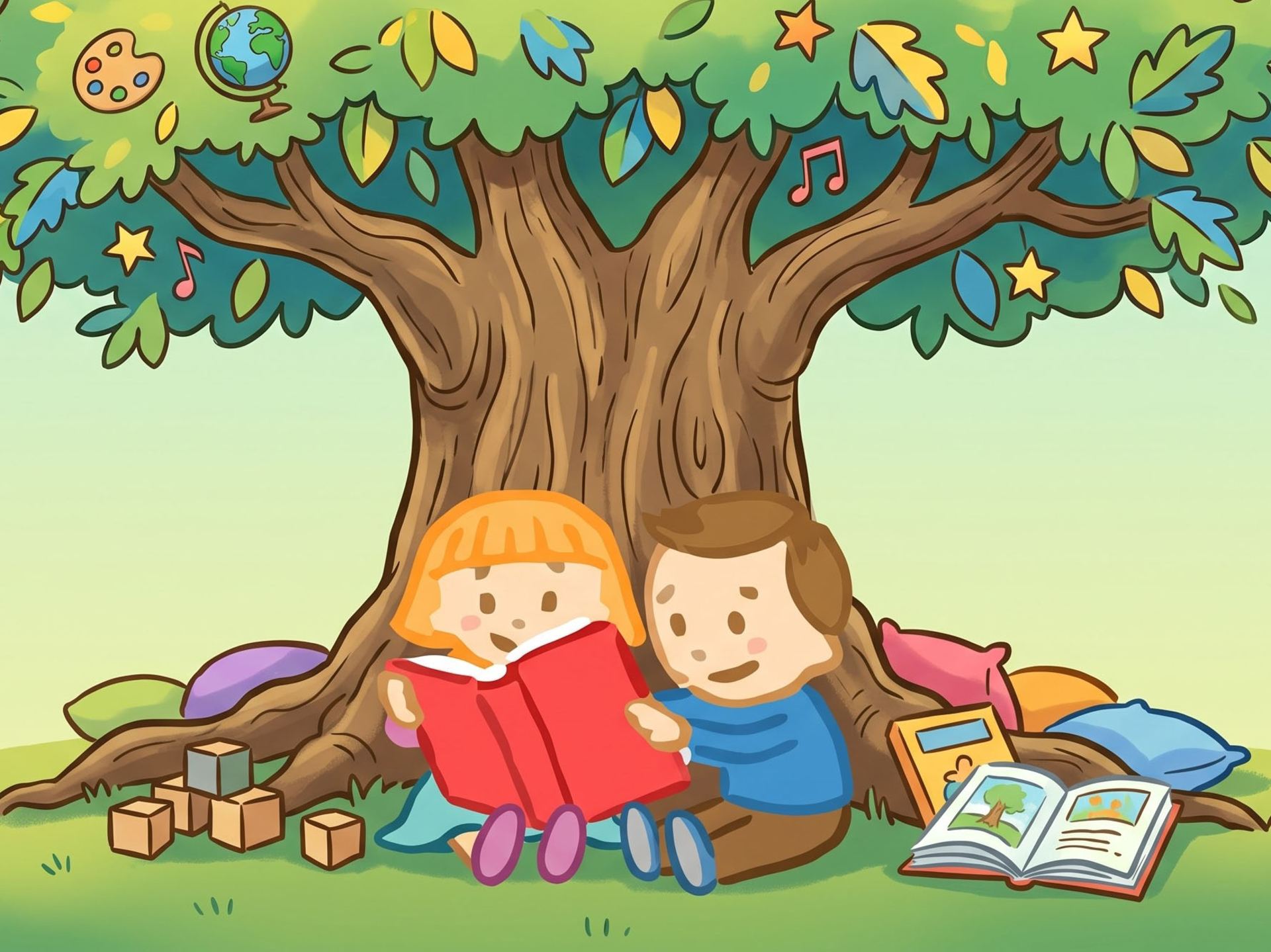 Illustrated scene of two cartoon children sitting under a large tree, reading books together.