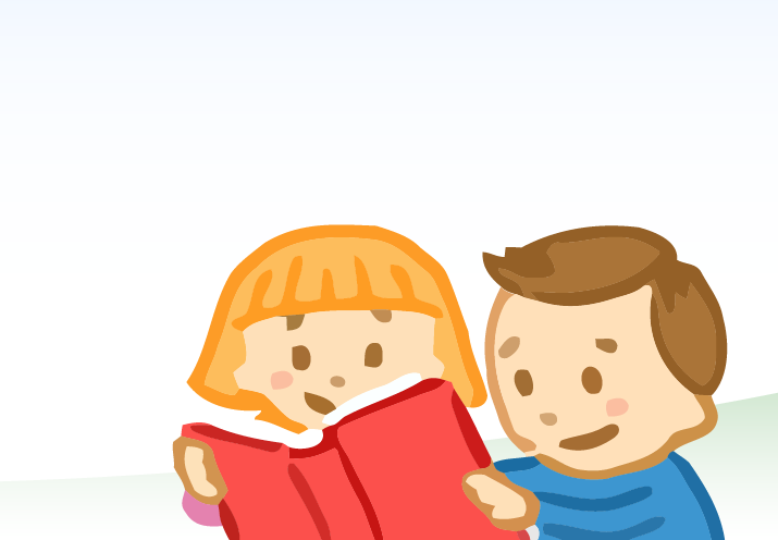 A cheerful illustration of two children with simple cartoon features reading a red book together.